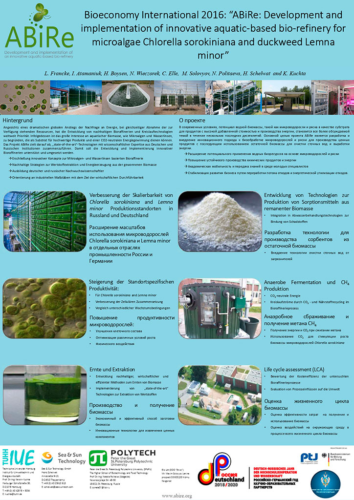 Bioeconomy International 2016: "ABiRe: Development and implementation of innovative aquatic-based bio-refinery for microalgae Chlorella sorokiniana and duckweed Lemna minor"